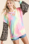 BiBi Tie Dye Terry Top with Leopard Puff Sleeves