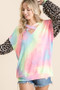 BiBi Tie Dye Terry Top with Leopard Puff Sleeves