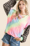BiBi Tie Dye Terry Top with Leopard Puff Sleeves