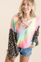 BiBi Tie Dye Terry Top with Leopard Puff Sleeves