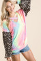 BiBi Tie Dye Terry Top with Leopard Puff Sleeves