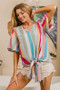 BiBi Multi Stripe Woven V Neck Top with Long Front Tie