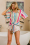 BiBi Multi Stripe Woven V Neck Top with Long Front Tie