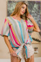 BiBi Multi Stripe Woven V Neck Top with Long Front Tie