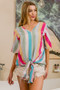 BiBi Multi Stripe Woven V Neck Top with Long Front Tie