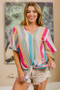 BiBi Multi Stripe Woven V Neck Top with Long Front Tie