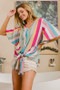 BiBi Multi Stripe Woven V Neck Top with Long Front Tie