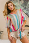 BiBi Multi Stripe Woven V Neck Top with Long Front Tie