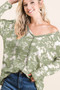 BiBi Tie Dye Print Waffle V Neck Top with Contrast