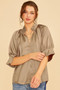 Annie Wear Satin V Neck Open Short Sleeve Woven Blouse Top