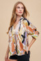 Annie Wear Multi Color Printed V-Neck Open Woven Blouse Top
