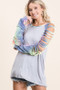 BiBi Jersey Knit Top with Tie Dye Laser Cut Sleeves