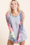 BiBi Jersey Knit Top with Tie Dye Laser Cut Sleeves