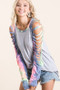 BiBi Jersey Knit Top with Tie Dye Laser Cut Sleeves