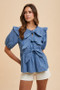 Annie Wear Stripe Front Bow Denim Peplum Blouse