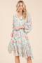 Lime 'N' Chili Floral Cinched Waist Balloon Sleeve V-Neck Dress