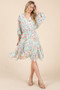 Lime 'N' Chili Floral Cinched Waist Balloon Sleeve V-Neck Dress