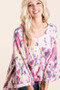 BiBi Tie Dye Print Terry A Line Top with Bell Sleeves