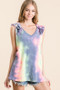 BiBi Tie Dye French Terry V Neck Top with Ruffle