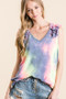 BiBi Tie Dye French Terry V Neck Top with Ruffle
