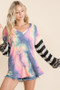 BiBi Tie Dye V Neck Top with Stripe Puff Sleeves