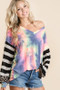 BiBi Tie Dye V Neck Top with Stripe Puff Sleeves