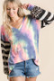 BiBi Tie Dye V Neck Top with Stripe Puff Sleeves