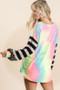 BiBi Tie Dye V Neck Top with Stripe Puff Sleeves