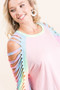 BiBi Jersey Knit Top with Tie Dye Laser Cut Sleeves
