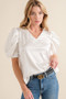 And The Why Plain Satin Puff Shirring V Neck Blouse Top