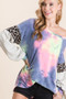 BiBi Tie Dye Terry Top with Contrast Puff Sleeves