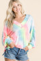 BiBi Tie Dye French Terry V-Neck Top with Puff Sleeves