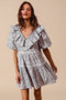 SO ME Cotton Printed Ruffle V Neckline Dress with Side Tie