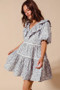 SO ME Cotton Printed Ruffle V Neckline Dress with Side Tie