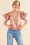 And The Why Faux Leather Ruffle Sleeves V Neck Top