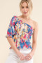 And The Why Allover Floral Print Smocked One Shoulder Blouse