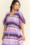 Davi & Dani Multi Color Wavy Tie Waist Flowy Sleeve Dress