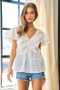 Davi & Dani Shirring V-Neck Ruffle Gingham Plaid Printed Top