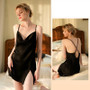 autumn and winter solid color satin straps Slit nightdress sexy V-neck pajamas women's home wear