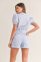 MABLE Striped Puff Sleeve Collared Neck Romper