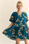 Davi & Dani Floral Print Short Bell Sleeve Pleated Mini Dress