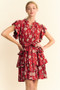 Davi & Dani Ruffle Flutter Sleeve Tie Belt Tiered Mini Dress