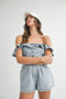 MABLE Off Shoulder Ruffle Detail Denim Romper