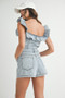 MABLE Off Shoulder Ruffle Detail Denim Romper