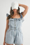 MABLE Off Shoulder Ruffle Detail Denim Romper