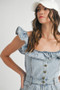 MABLE Off Shoulder Ruffle Detail Denim Romper