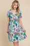 BOMBOM Ruched Floral V-Neck Short Sleeve Dress