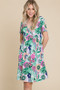 BOMBOM Ruched Floral V-Neck Short Sleeve Dress