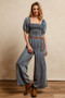 BiBi Smocked Washed Puff Sleeve Square Neck Denim Jumpsuit