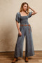 BiBi Smocked Washed Puff Sleeve Square Neck Denim Jumpsuit